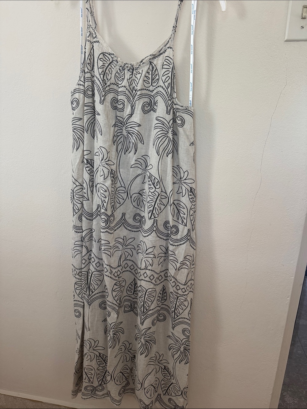 blue island Cream Maxi Dress with Black Tropical Print